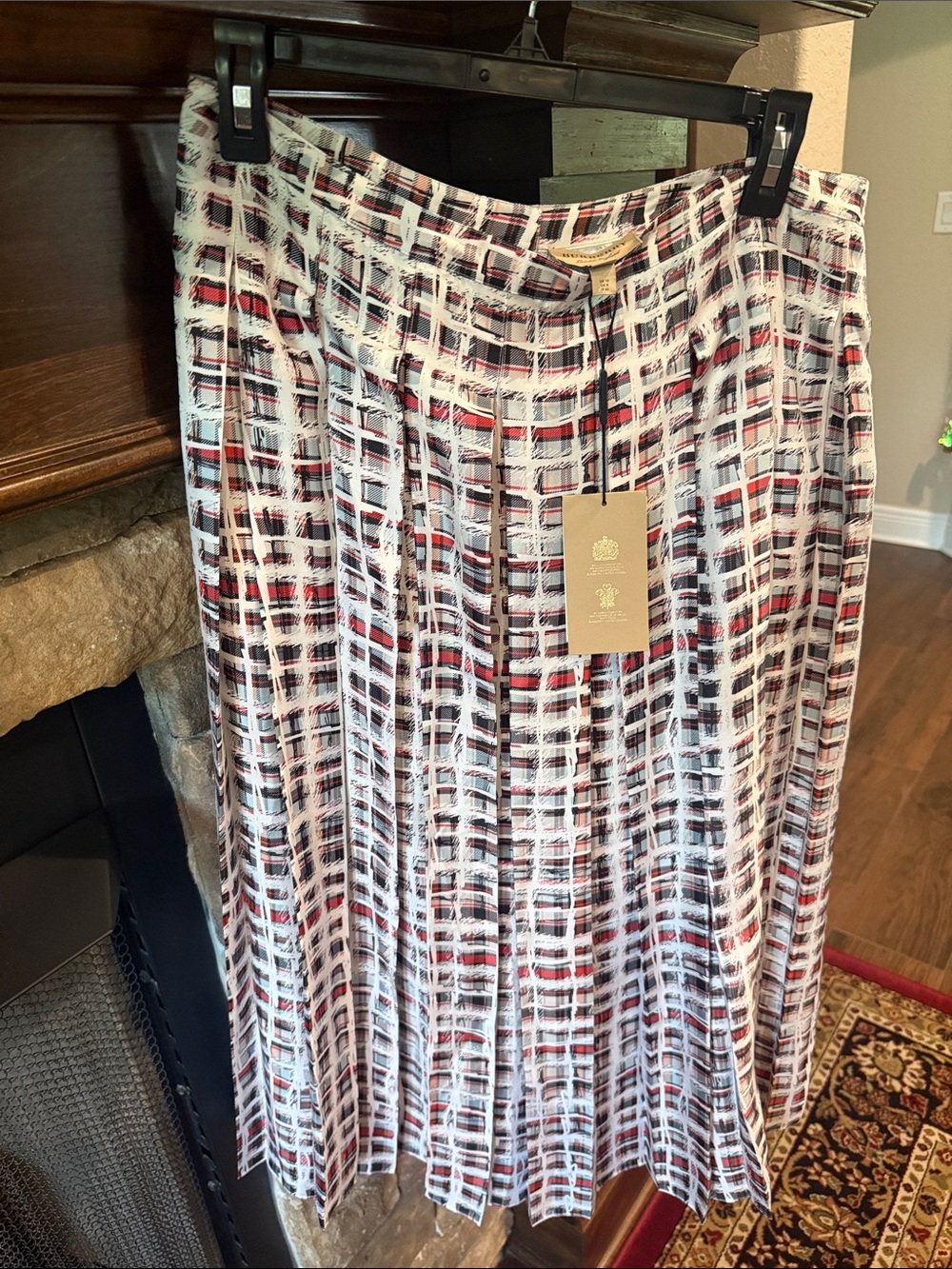 Burberry Pleated Plaid Midi Skirt in White, Red & Black